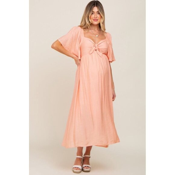 Chic Peach Midi Maternity Dress with Bow Detail - Pink Blush Maternity - Picture 2 of 12